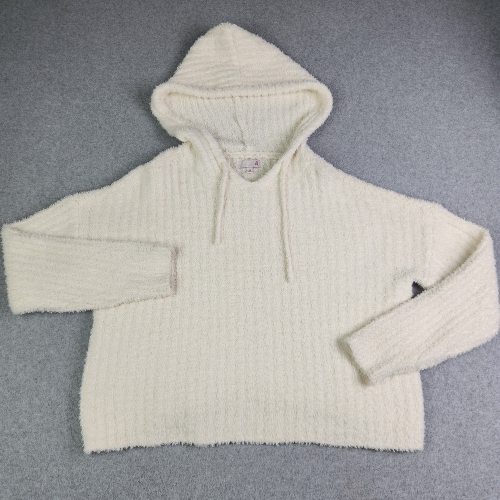 SO Hoodie Women Medium Cream White Fuzzy Eyelash Knit Soft Warm Relaxed Pullover